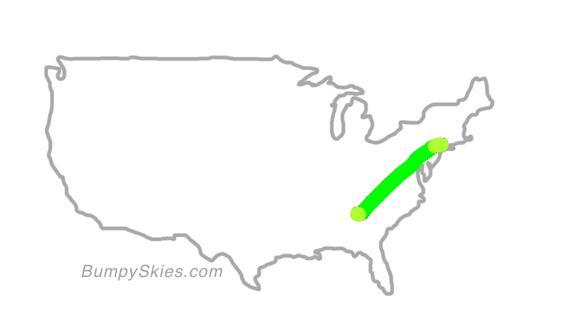 Map of continental US with illustrated flight path and turbulence forecast (described in text below)