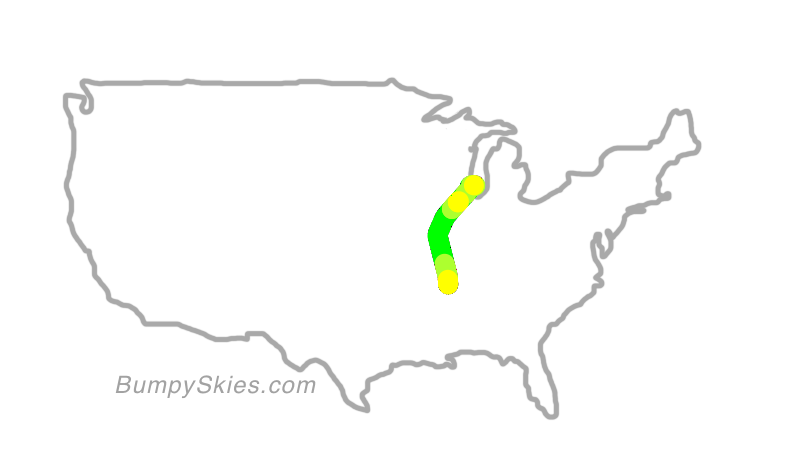 Map of continental US with illustrated flight path and turbulence forecast (described in text below)