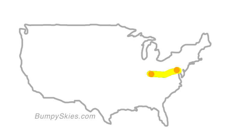 Map of continental US with illustrated flight path and turbulence forecast (described in text below)
