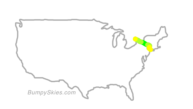 Map of continental US with illustrated flight path and turbulence forecast (described in text below)