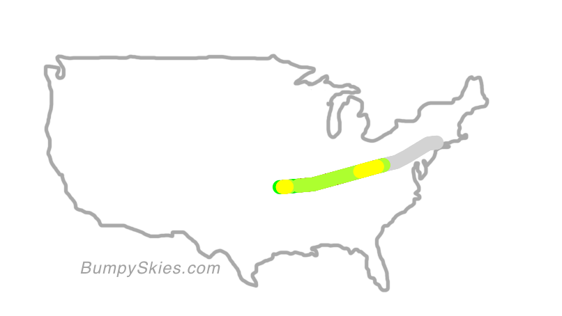 Map of continental US with illustrated flight path and turbulence forecast (described in text below)