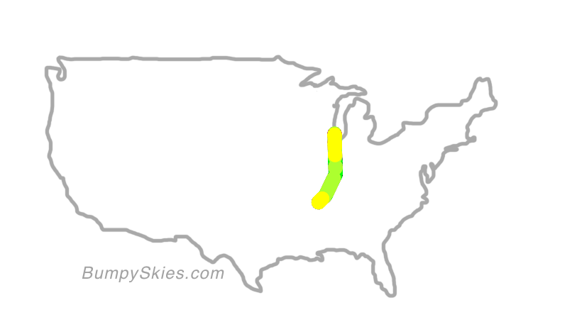 Map of continental US with illustrated flight path and turbulence forecast (described in text below)