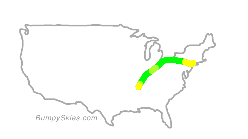 Map of continental US with illustrated flight path and turbulence forecast (described in text below)