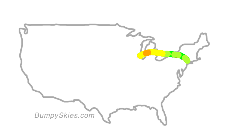 Map of continental US with illustrated flight path and turbulence forecast (described in text below)