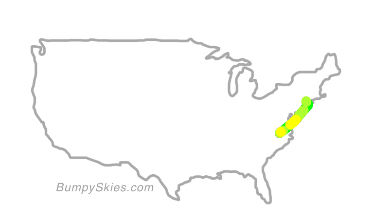 Map of continental US with illustrated flight path and turbulence forecast (described in text below)