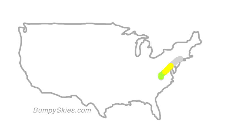 Map of continental US with illustrated flight path and turbulence forecast (described in text below)