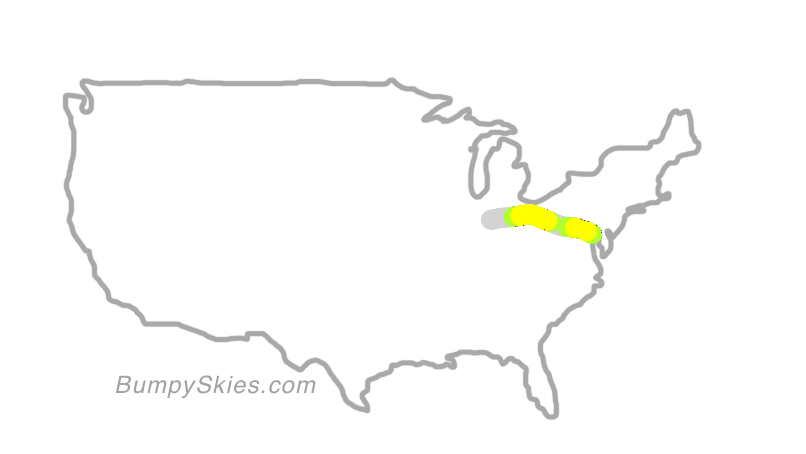 Map of continental US with illustrated flight path and turbulence forecast (described in text below)