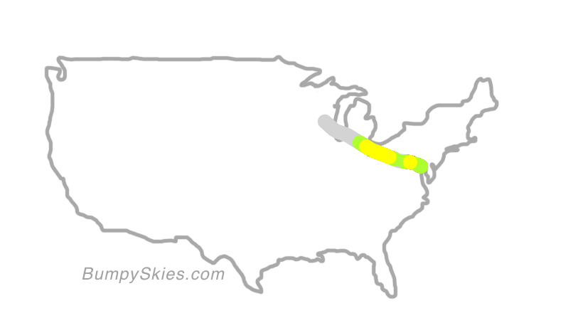 Map of continental US with illustrated flight path and turbulence forecast (described in text below)