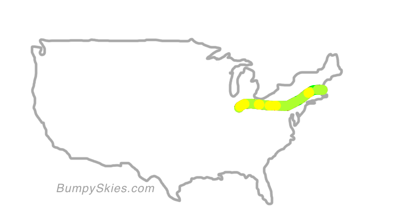 Map of continental US with illustrated flight path and turbulence forecast (described in text below)