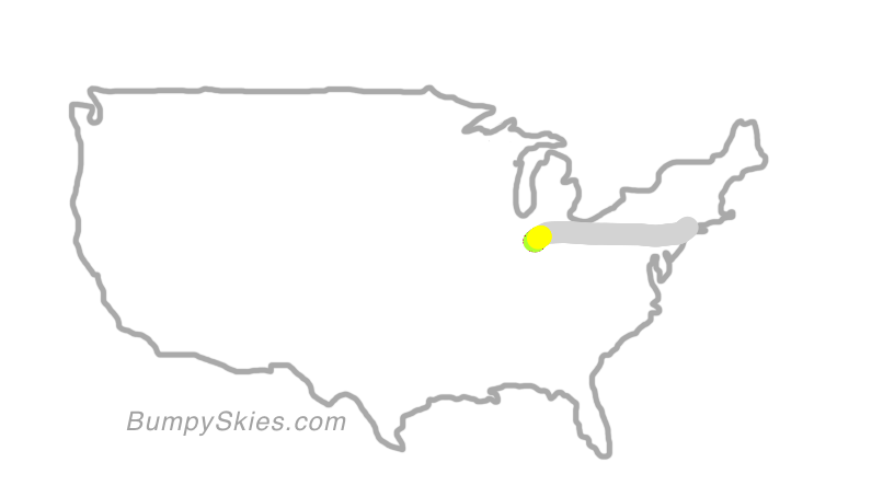 Map of continental US with illustrated flight path and turbulence forecast (described in text below)