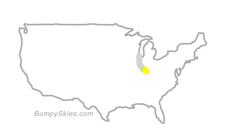 Map of continental US with illustrated flight path and turbulence forecast (described in text below)