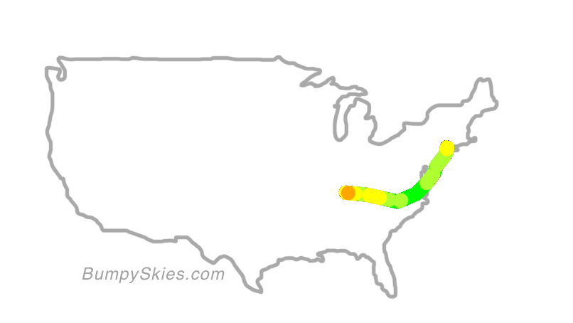 Map of continental US with illustrated flight path and turbulence forecast (described in text below)