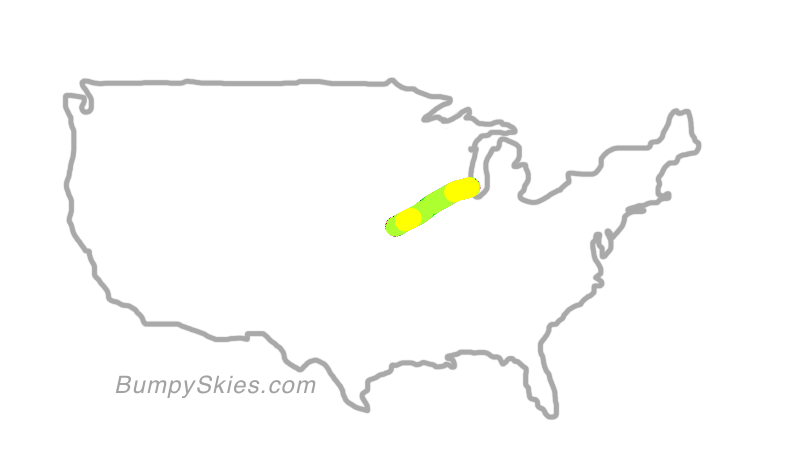 Map of continental US with illustrated flight path and turbulence forecast (described in text below)