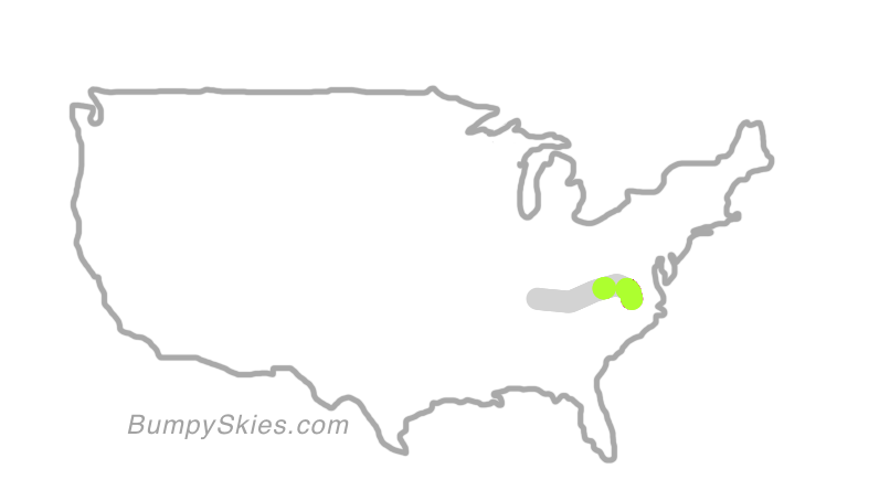 Map of continental US with illustrated flight path and turbulence forecast (described in text below)