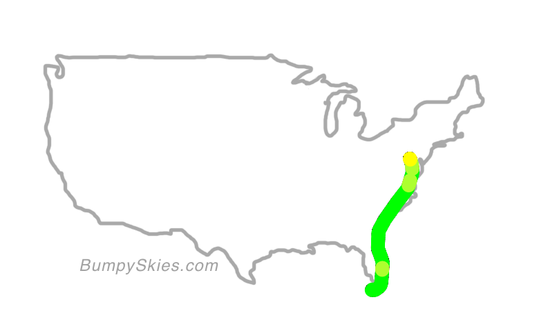 Map of continental US with illustrated flight path and turbulence forecast (described in text below)