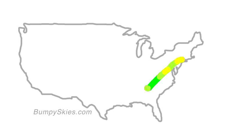 Map of continental US with illustrated flight path and turbulence forecast (described in text below)