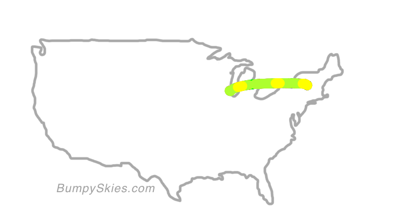 Map of continental US with illustrated flight path and turbulence forecast (described in text below)