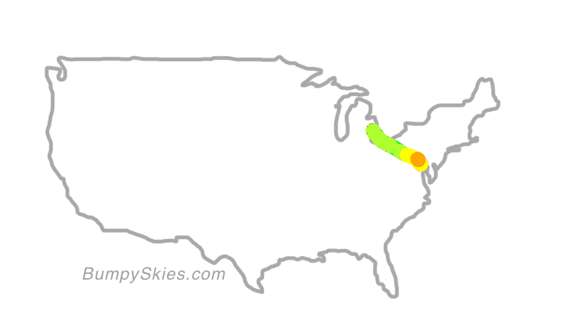 Map of continental US with illustrated flight path and turbulence forecast (described in text below)