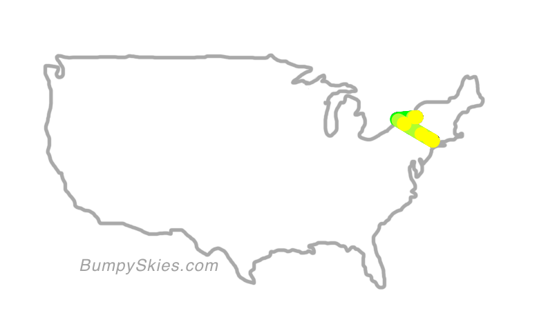 Map of continental US with illustrated flight path and turbulence forecast (described in text below)