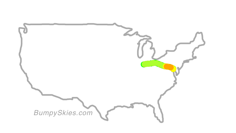 Map of continental US with illustrated flight path and turbulence forecast (described in text below)
