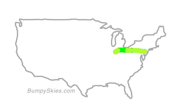 Map of continental US with illustrated flight path and turbulence forecast (described in text below)