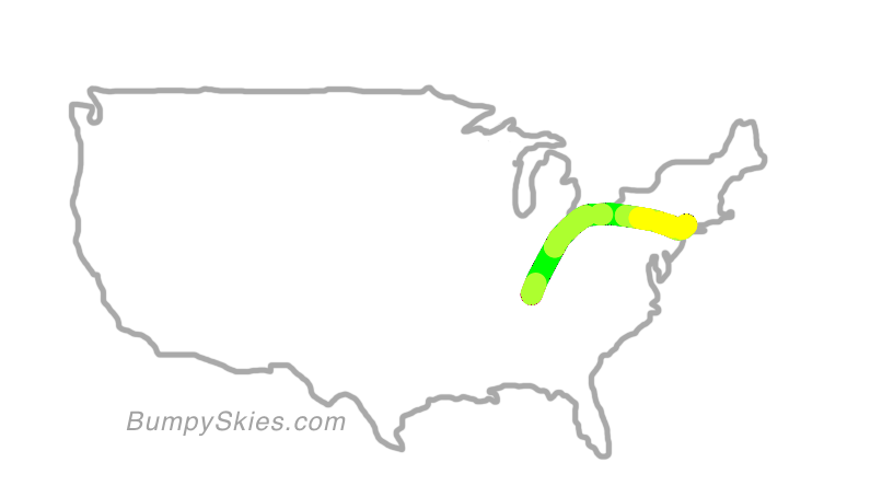 Map of continental US with illustrated flight path and turbulence forecast (described in text below)