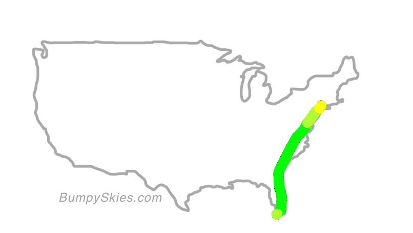 Map of continental US with illustrated flight path and turbulence forecast (described in text below)