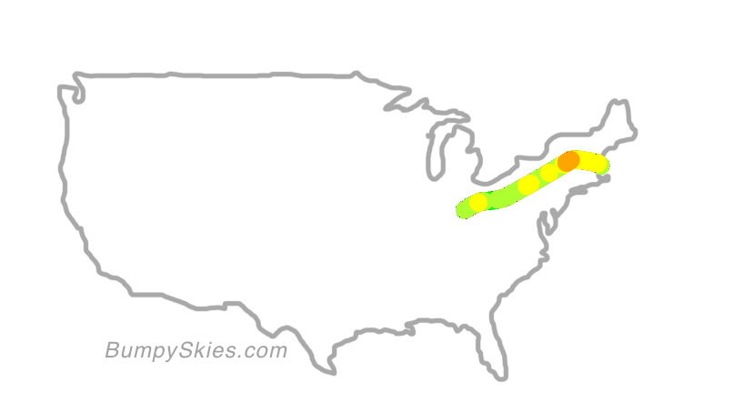 Map of continental US with illustrated flight path and turbulence forecast (described in text below)