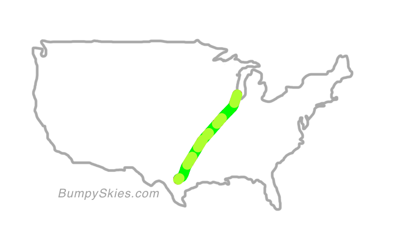 Map of continental US with illustrated flight path and turbulence forecast (described in text below)