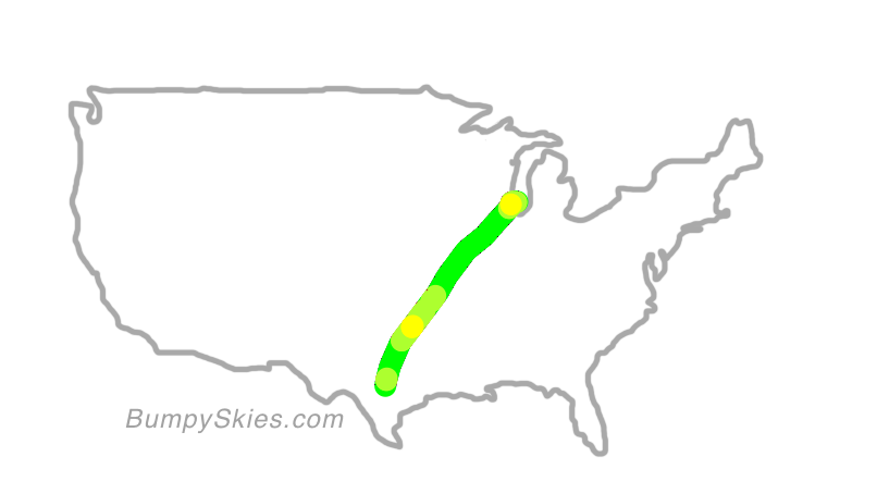 Map of continental US with illustrated flight path and turbulence forecast (described in text below)