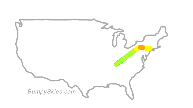 Map of continental US with illustrated flight path and turbulence forecast (described in text below)