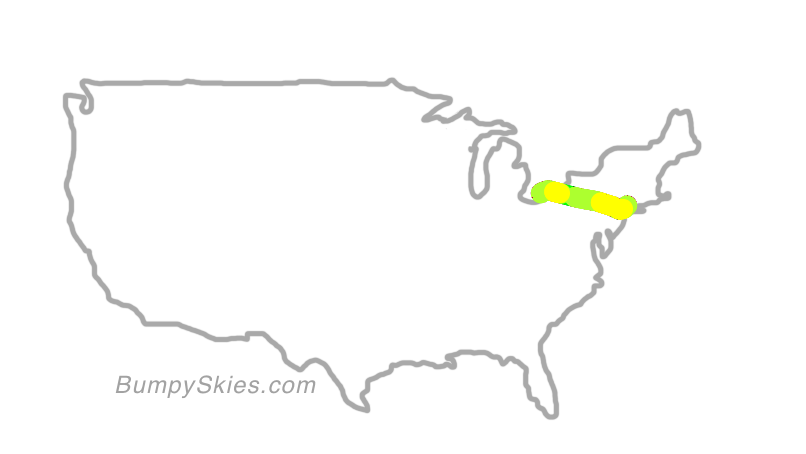 Map of continental US with illustrated flight path and turbulence forecast (described in text below)