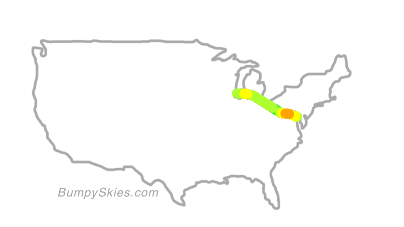 Map of continental US with illustrated flight path and turbulence forecast (described in text below)