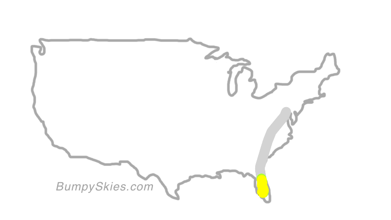 Map of continental US with illustrated flight path and turbulence forecast (described in text below)