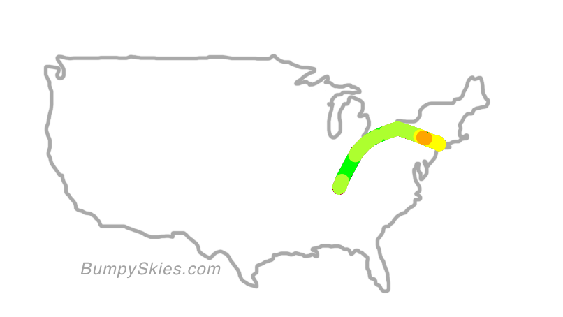 Map of continental US with illustrated flight path and turbulence forecast (described in text below)