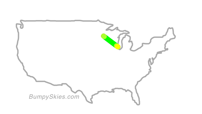 Map of continental US with illustrated flight path and turbulence forecast (described in text below)