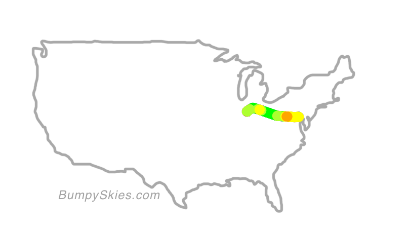 Map of continental US with illustrated flight path and turbulence forecast (described in text below)