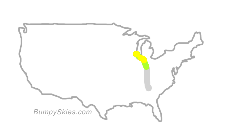 Map of continental US with illustrated flight path and turbulence forecast (described in text below)
