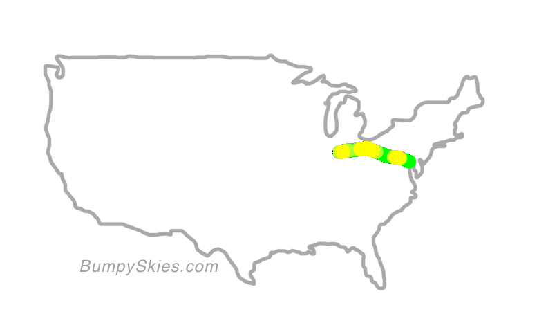 Map of continental US with illustrated flight path and turbulence forecast (described in text below)