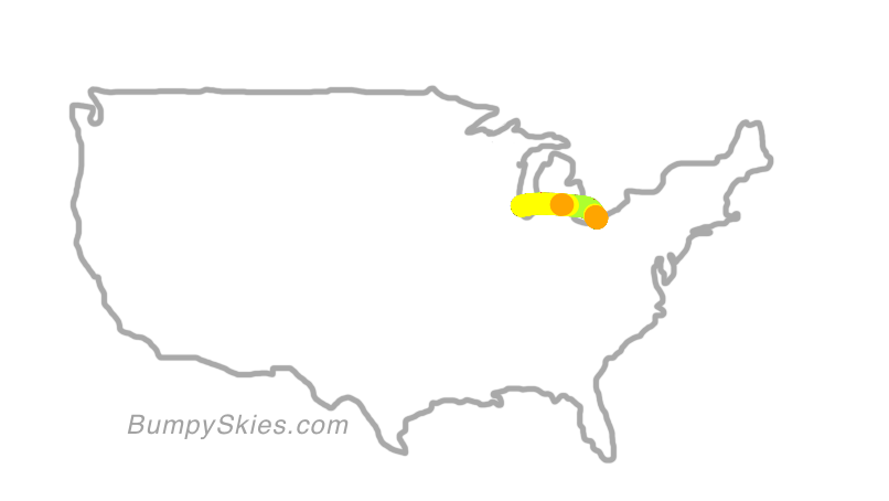 Map of continental US with illustrated flight path and turbulence forecast (described in text below)