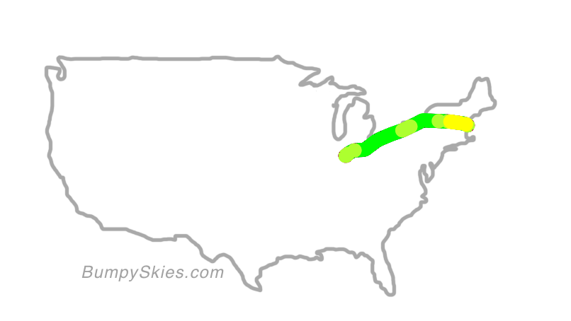 Map of continental US with illustrated flight path and turbulence forecast (described in text below)