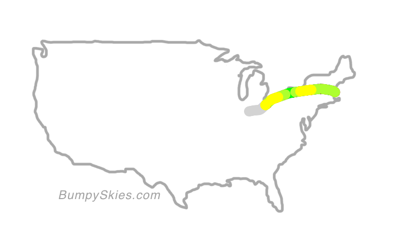 Map of continental US with illustrated flight path and turbulence forecast (described in text below)