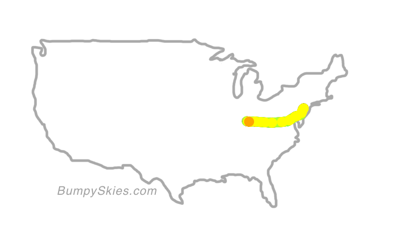 Map of continental US with illustrated flight path and turbulence forecast (described in text below)