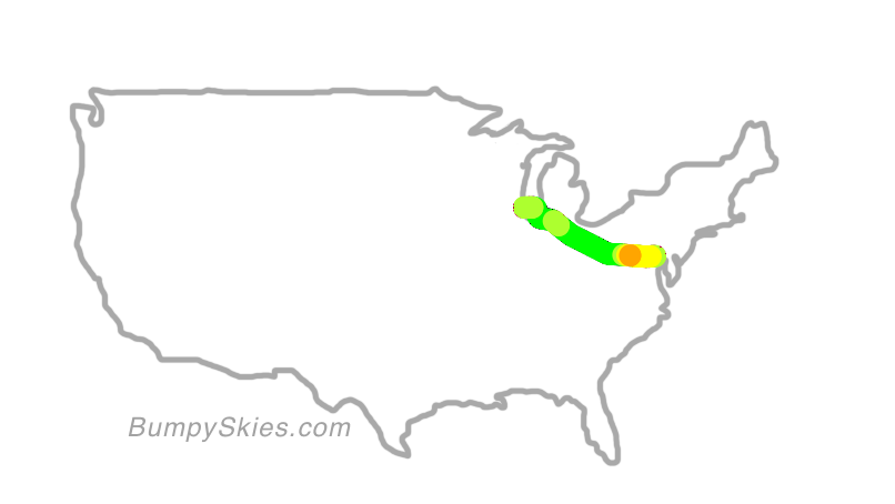 Map of continental US with illustrated flight path and turbulence forecast (described in text below)