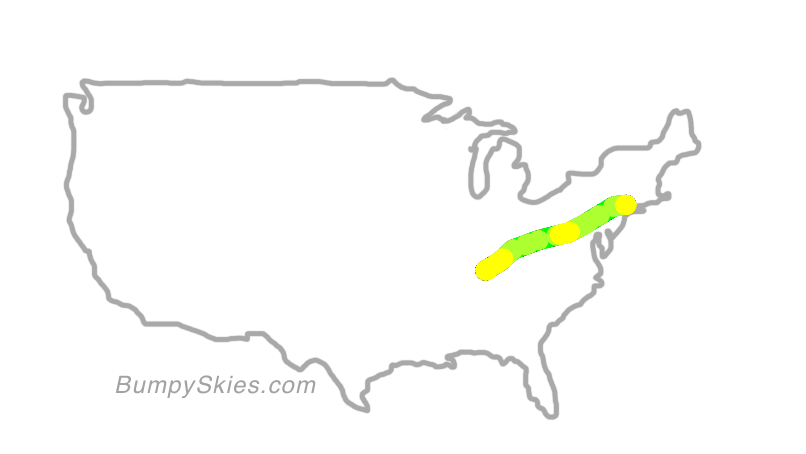 Map of continental US with illustrated flight path and turbulence forecast (described in text below)