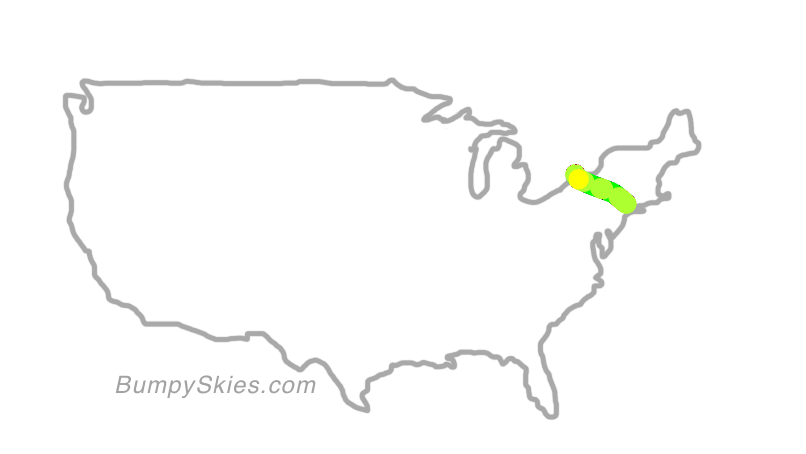 Map of continental US with illustrated flight path and turbulence forecast (described in text below)