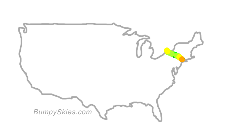 Map of continental US with illustrated flight path and turbulence forecast (described in text below)