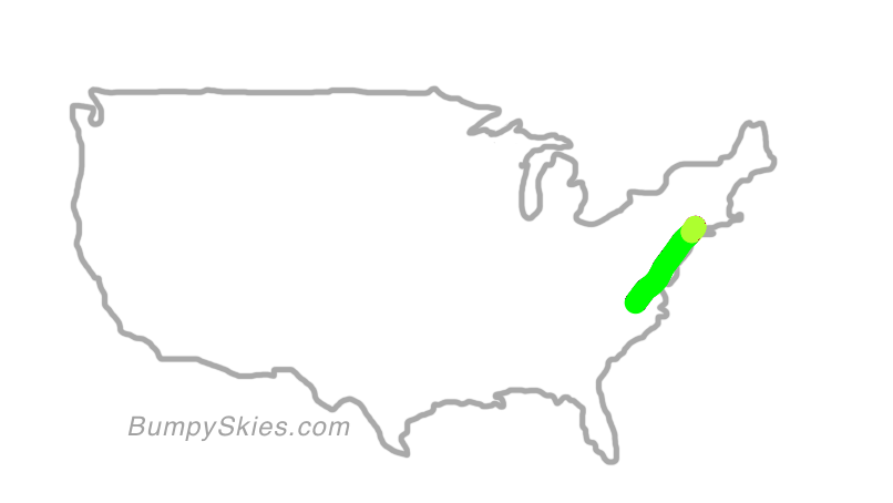 Map of continental US with illustrated flight path and turbulence forecast (described in text below)