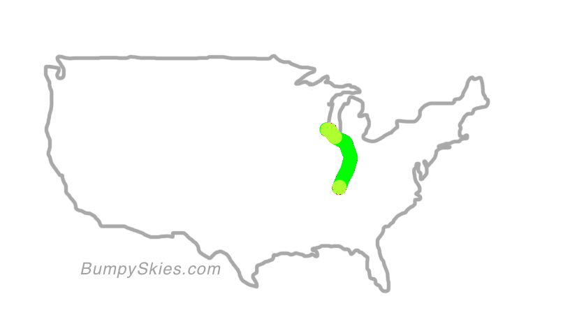 Map of continental US with illustrated flight path and turbulence forecast (described in text below)