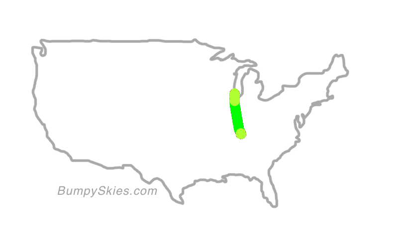 Map of continental US with illustrated flight path and turbulence forecast (described in text below)